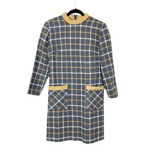Vintage 1960s Joan Curtis Woman's‎ Sz S Gray and Yellow Wool Plaid School Dress